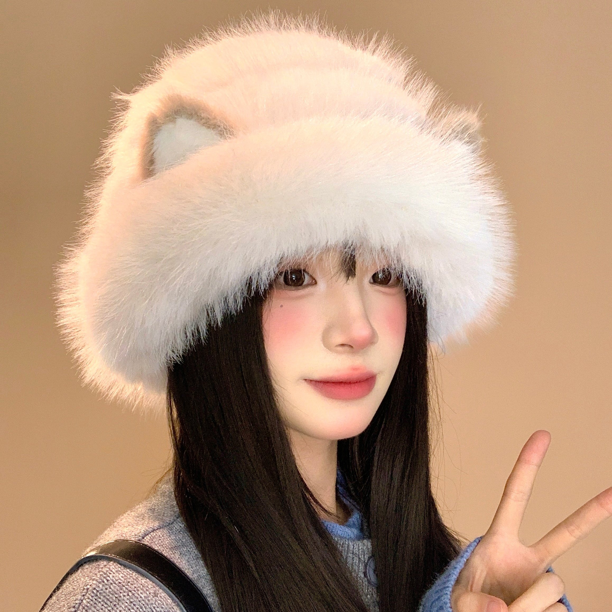 可爱毛绒猫咪耳朵渔夫帽女冬季2025新款防寒保暖帽子大头围盆帽,淘宝优惠券,粉丝福利购,淘宝优惠卷