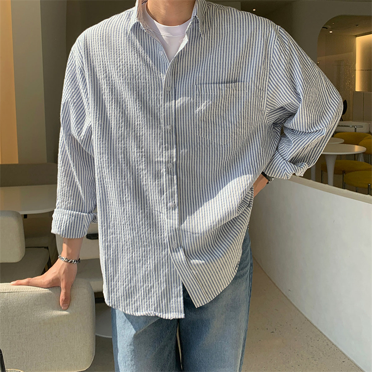 MRDONG韩国男装代购弧形下摆cozyfit休闲竖条纹高品宽松长袖衬衫-图1