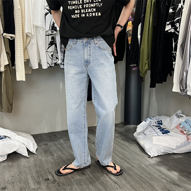 韩国男装代购直播D.CRACK高档夏季水洗色磨破显瘦阔腿直筒牛仔裤 - 图0