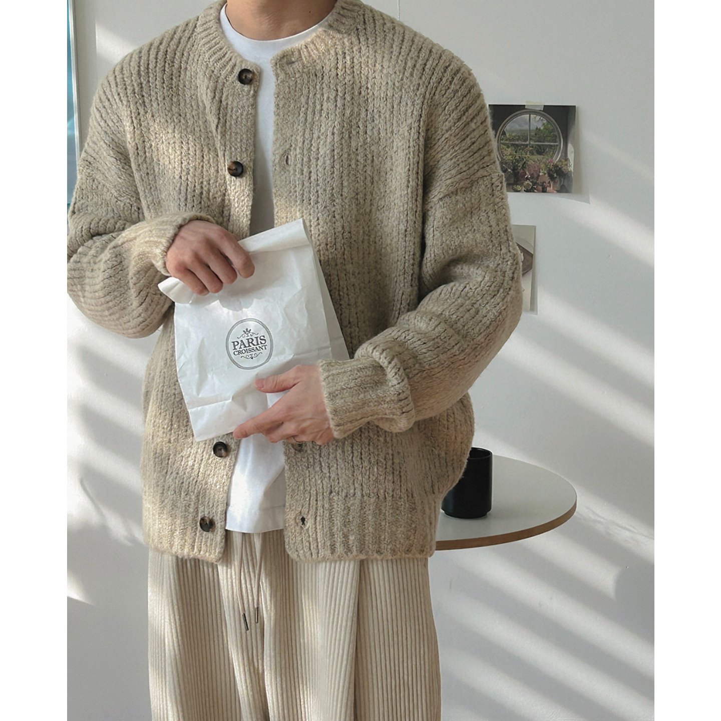 MRDONG韩国代购男装水洗复古柔糯圆领开衫廓形针织宽松慵懒风外套,淘宝优惠券,粉丝福利购,淘宝优惠卷