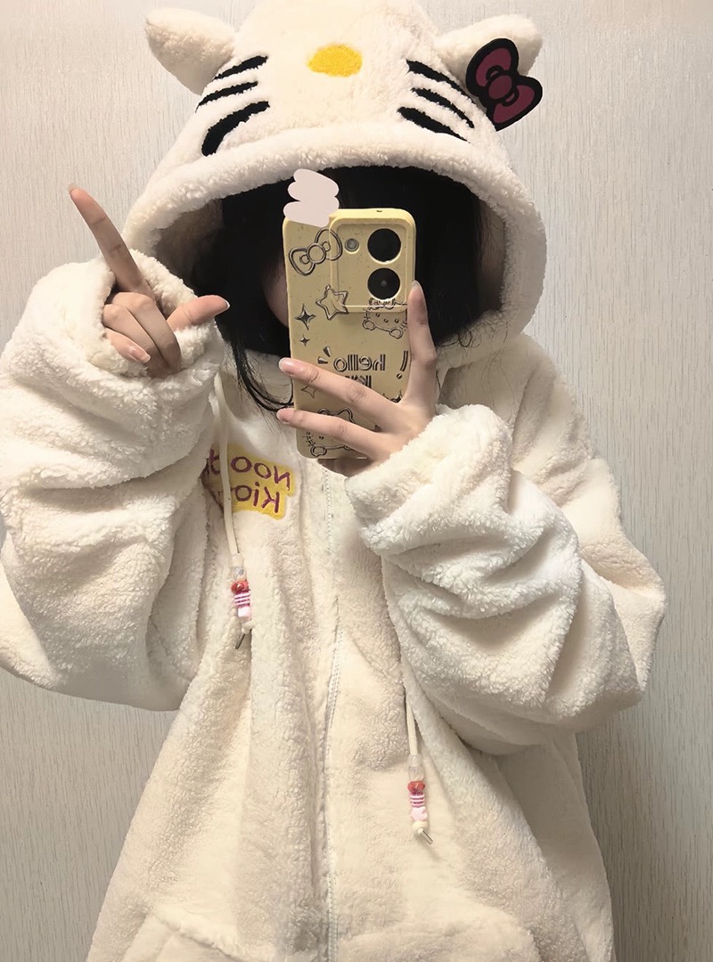 日系可爱凯蒂猫hellokitty羊羔绒外套女秋冬宽松慵懒风bf棉衣棉服