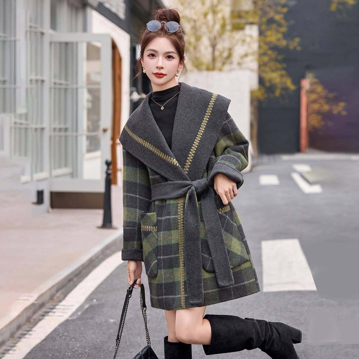 设计感两面穿ZQI8157X格子双面呢5大衣202冬新款新款韩版减龄秋毛 - 图0