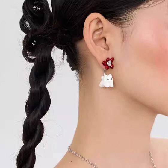 发猫系列大红花猫猫耳钉珐琅小众设计2025新品创意时尚,淘宝优惠券,粉丝福利购,淘宝优惠卷
