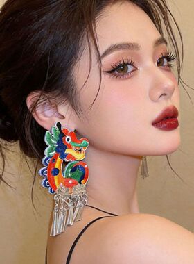 民族风彩龙刺绣流苏耳夹女无耳洞