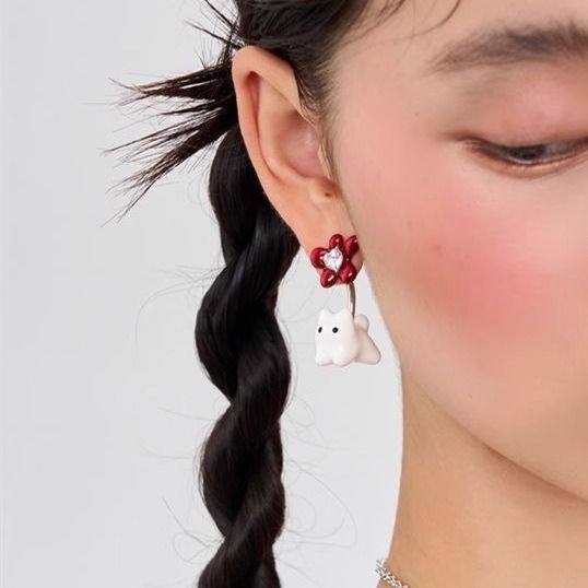 发猫系列大红花猫猫耳钉珐琅小众设计2025新品创意时尚,淘宝优惠券,粉丝福利购,淘宝优惠卷
