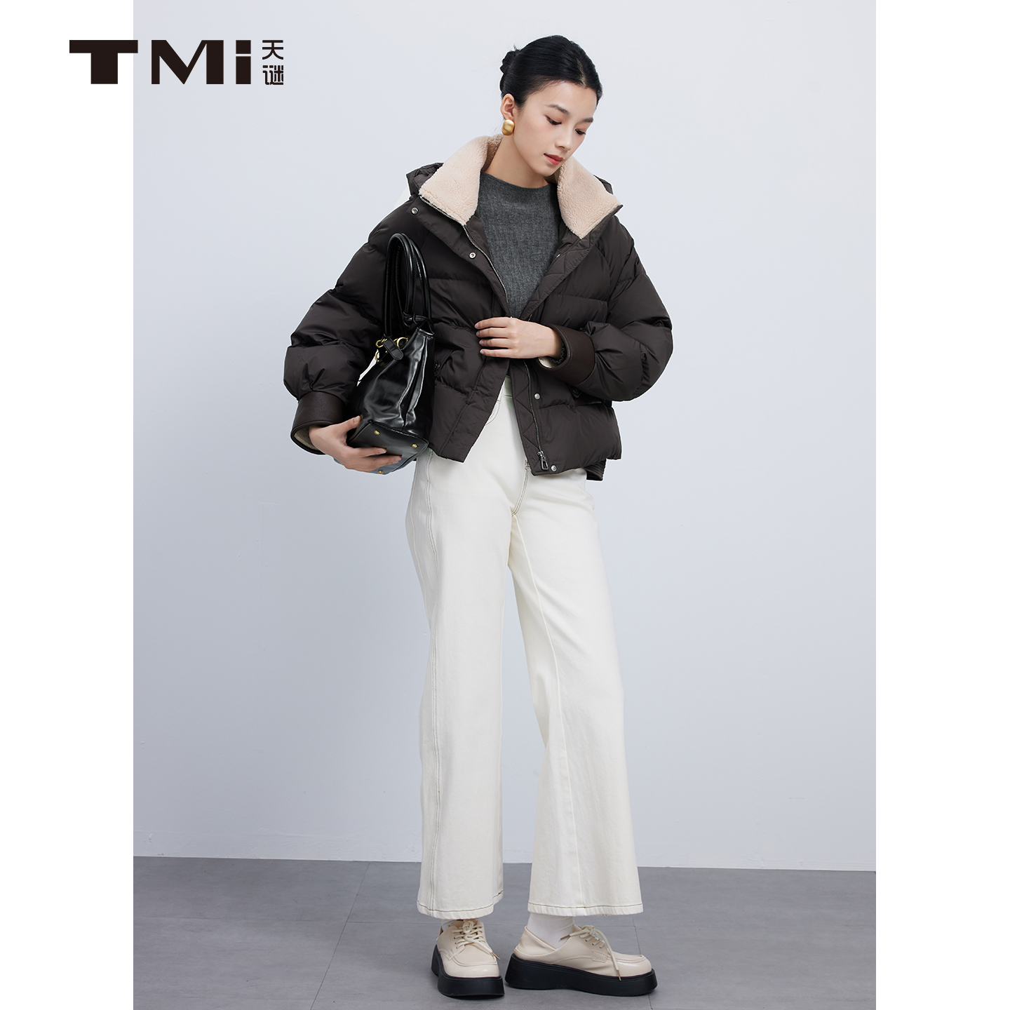 天谜休闲拼色羽绒服连帽纯色简约保暖外套2025冬季女装TMi254005 - 图0