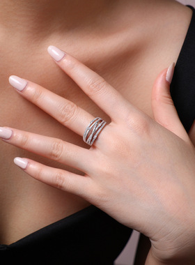 S925银莫桑石交叉叠戴轻奢女戒