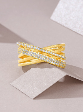 S925纯银莫桑石复古交叉指环