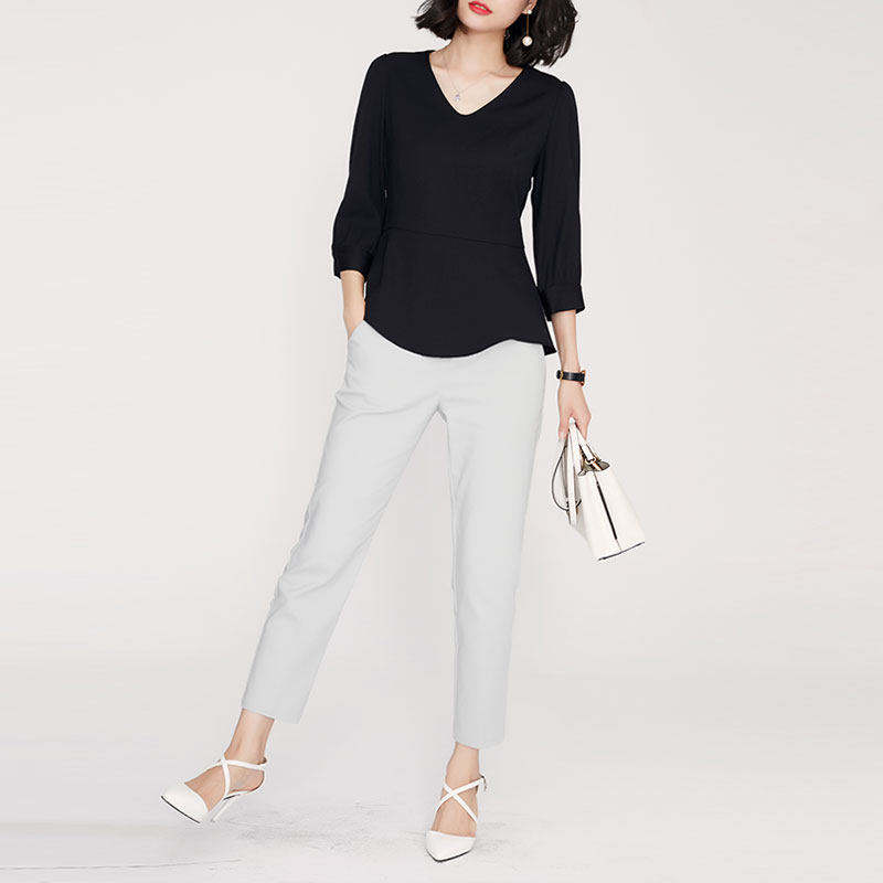 早秋2020新款小衫女百搭v领t恤 欧茄林服饰T恤