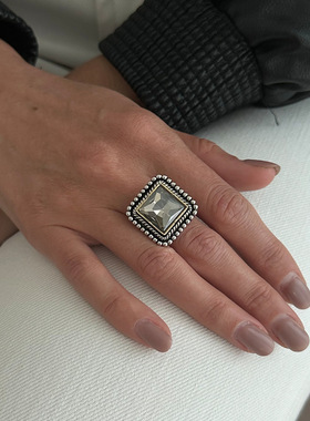 欧美饰品 小众设计感镶钻方形开口戒指 复古个性可调节指环戒