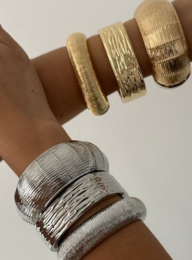 欧美夸张宽面横竖纹理设计手镯女 套装线条几何手饰
