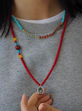 白百何同款珊瑚珠红色手工串珠项链女小众复古嘎乌盒吊坠毛衣链新