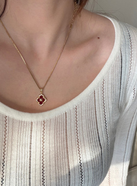 博主同款拉丝红色贝母项链双面锁骨链中古老钱轻奢新年配饰