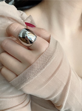 欧美ins风圆珠球镀银戒指女 小众个设计光面椭圆宽版时尚食指戒指