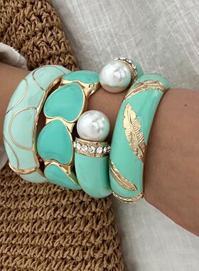 欧美新款手环彩色珐琅羽毛纹开口手镯高级复古多色青蓝色手镯
