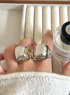 欧美风金属质感实心几何不规则冰块宽版戒指 ins夸张个性方糖指环