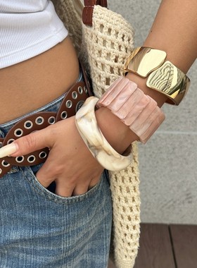 欧美粉色树脂开口手镯不规则几何型晕染树脂手环跨境夸张手饰女