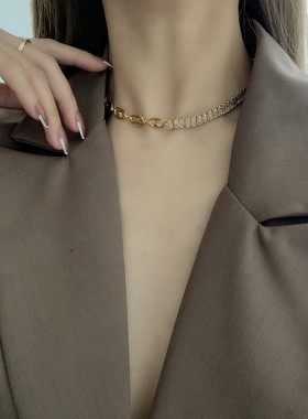 ins欧美猪鼻子镶钻拼接AB款项链情侣百搭ins锁骨颈链女潮几何轻奢