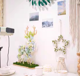 北欧ins风儿童手工diy木制白胚小鹿摆件仿真花绢花桌面装饰品摆设