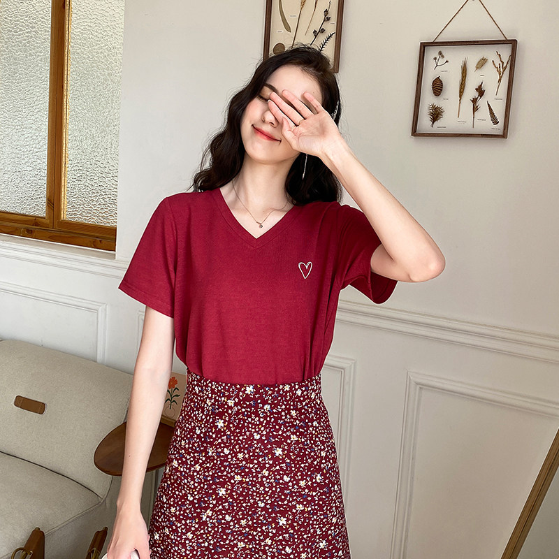 毛菇小象自带瘦脸功能女2020 v领t恤 毛菇小象T恤