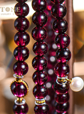 石榴石手串4mm小米珠三圈手链天然真品酒红色紫牙乌diy配件普琳丝