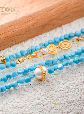 原矿天然绿松石手链珍珠项链小米珠文玩玉石手串无优化女款普琳丝