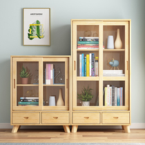 Solid wood bookcase with glass door minimalist modern living room shelf to floor student bookcase childrens bookcase storage cabinet