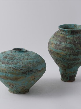 新中式陶瓷花瓶复古做旧中古风插花器蓝色绿色民宿禅意装饰品摆件