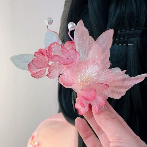 古风汉服头饰粉色绢花蝴蝶发夹唐风造型花朵发饰头花成人儿童百搭 - 图1
