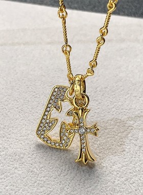 复古满钻镂空方牌十字架项链男女