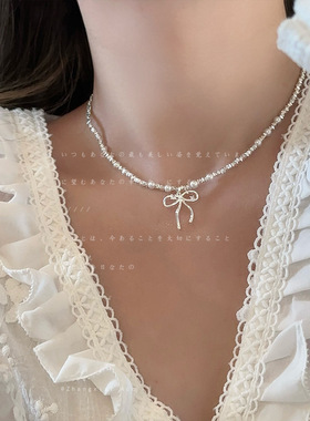 甜美蝴蝶结碎银子珍珠项链女个性