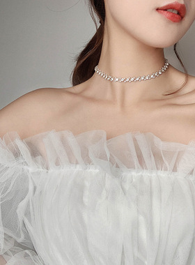 INS女法式锆石短款编织网红项链