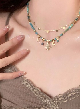 蓝色芒星串珠叠戴项链女款轻奢小众锁骨链波西米亚太阳花夏天颈链