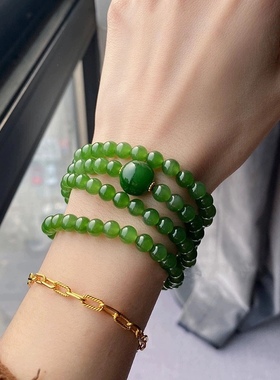 天然俄罗斯老料和田玉碧玉手链菠菜绿阳绿手串多圈女款籽料无黑点