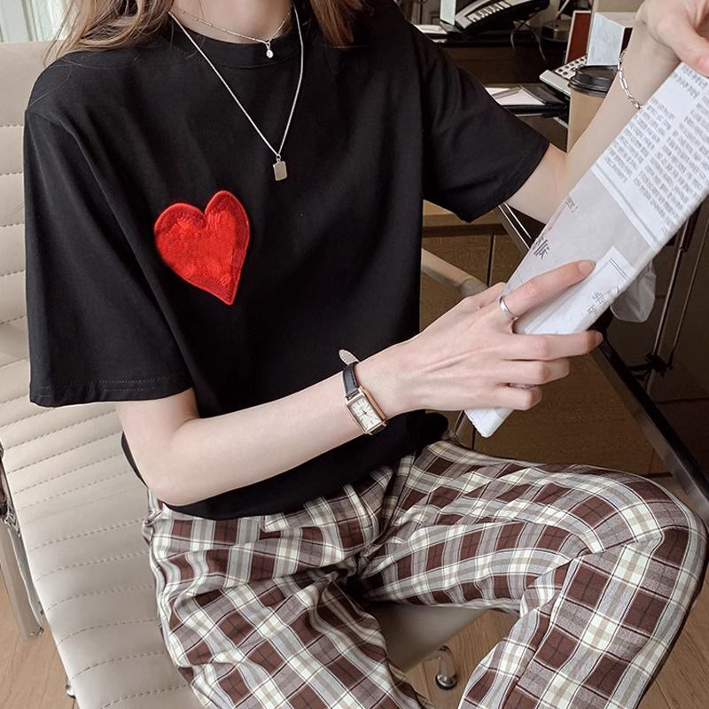 爱心刺绣纯棉T恤女夏季新款潮牌欧货短袖半袖美式高街上衣打底衫,淘宝优惠券,粉丝福利购,淘宝优惠卷