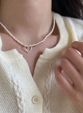 纯银小米粒珍珠爱心项链女时尚