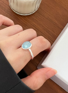 S925纯银海蓝宝可调开口戒指女款