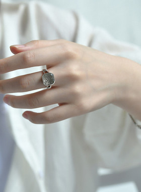 纯银白茶石方钻戒指女开口时尚