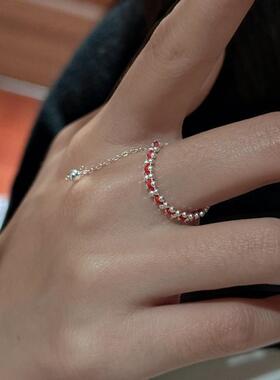 纯银韩版圆珠红绳性戒指女