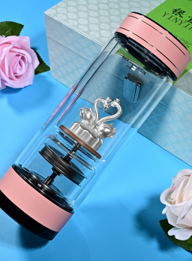 纯银百年好合茶水分离泡茶杯双层玻J璃杯过滤茶叶银杯子外出便携