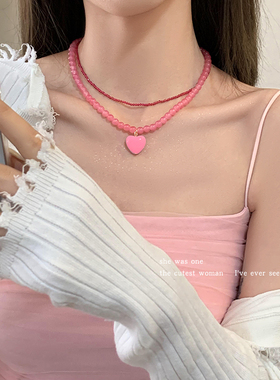 粉色双层爱心项链女生