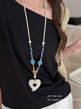 多巴胺彩色串珠火山石爱心项链女