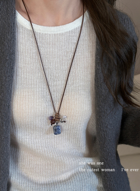 复古森系方块吊坠项链长款锁骨链