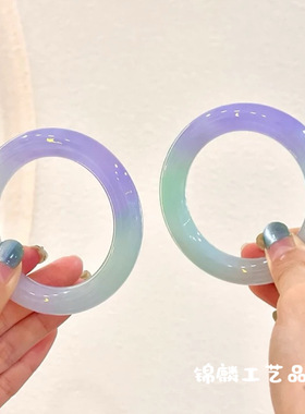 缅甸冰种春彩处理翡翠手镯紫罗兰阳绿飘花圆条玉手镯子女送礼