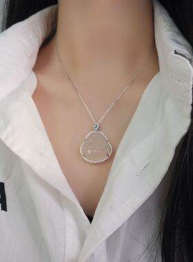 s925纯银镶钻白玉髓弥勒佛项链新中式简约轻奢精致佛像玉石锁骨链