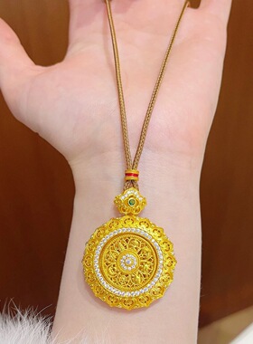 沙金饰品金店同款点钻旋转花丝如意罗盘吊坠项链镂空圆盘挂坠饰品