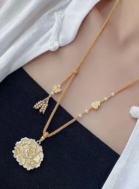 【描金牡丹花实心】富贵牡丹花蝴蝶葫芦毛衣链长款轻奢挂绳锁骨链