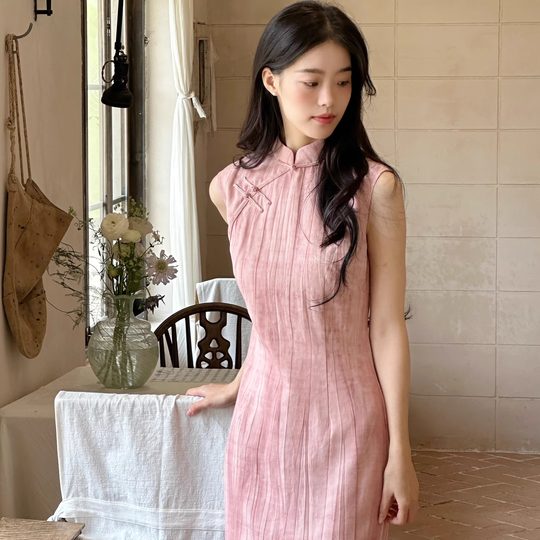 Ti提提 婉婉.新中式手缝盘扣无袖改良长款旗袍拉链后开国风连衣裙