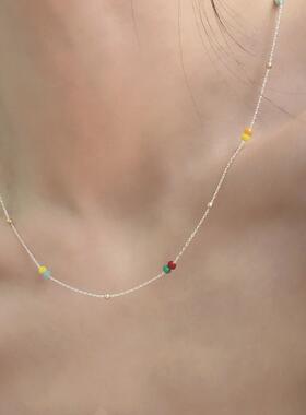 S925纯银彩色金珠拼色项链