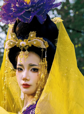 【霜翎阁】五代南唐风汉服配饰品长流苏额冠步摇大牡丹｛凝夜紫｝